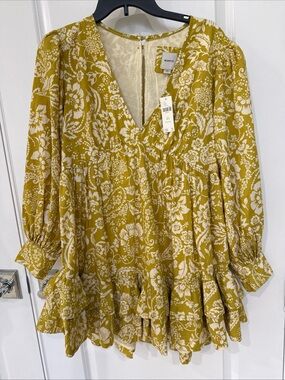 NWT Maeve Mustard Floral V-Neck Ruffle baby doll Dress